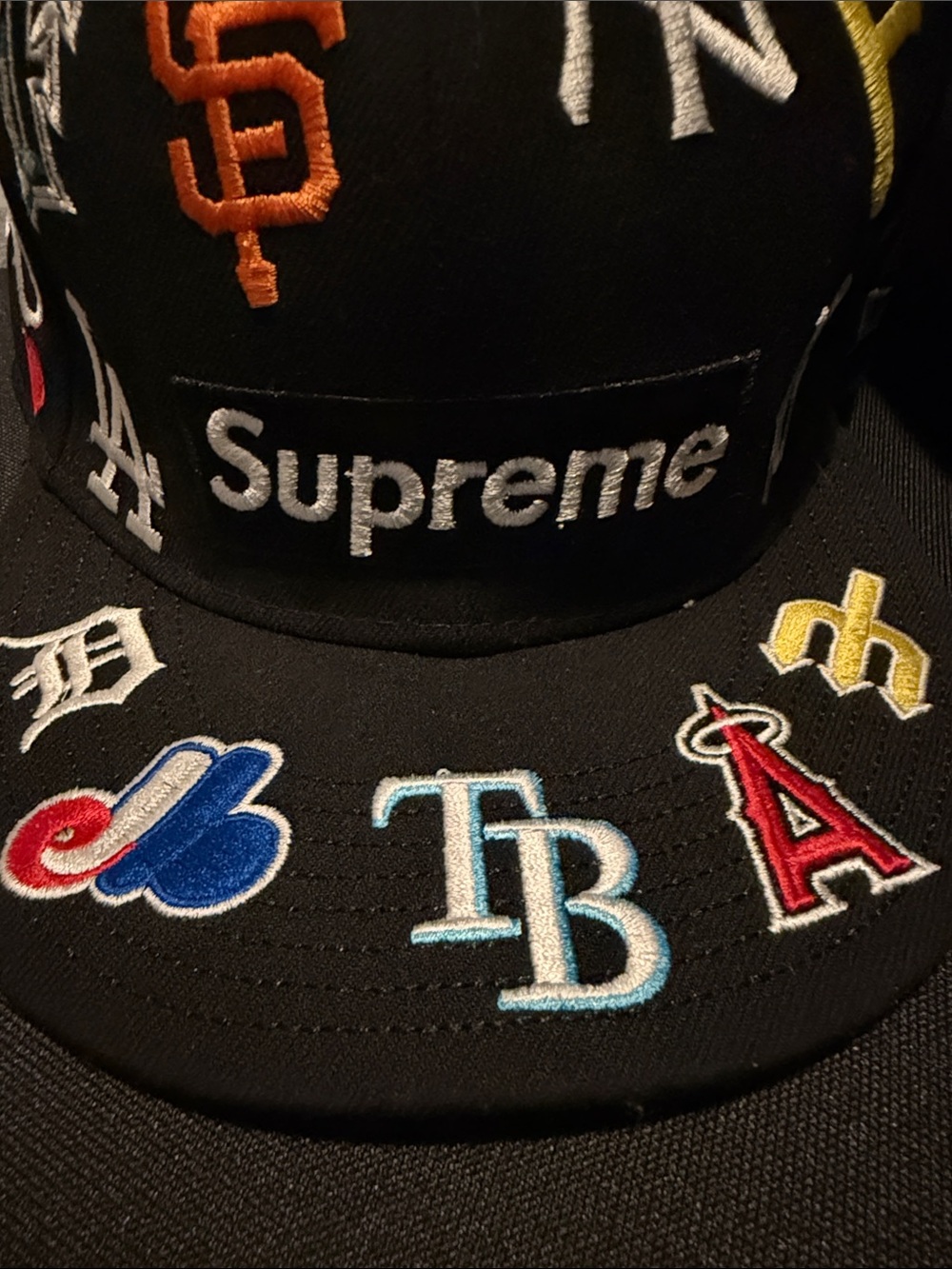 Supreme Black Cap with Multicolor MLB Embroidered Logos size 7 5/8